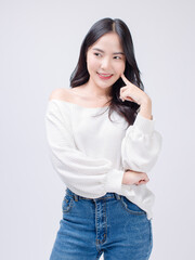 Half body portrait happy smile young asian beautiful woman curly hair wearing long sleeve shirt,...