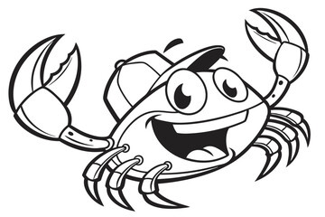 Cartoon crab character wearing hat enthusiastically greets you with claws up in the air