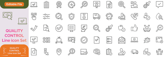 Quality control set of web icons in line style. Quality Check computing icons for web and mobile app. Containing inspection, evaluation, production, quality assurance, certificate, testing line icon.