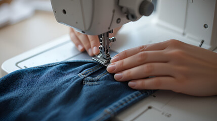 Untitled Sewing work. Stitching a hole in jeans with a sewing machine. Seamstress sews with jeans cloth. Darning jeans on a sewing machine. Seamstress sews on a sewing machine. Tailoring.