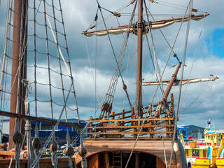 Detailed Rigging and Ropes of a Historic Wooden Sailing Ship