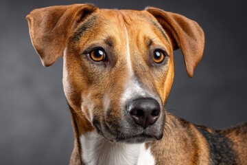 Portrait of a Brown and White Dog Against a Grey Background