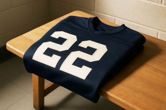 Folded navy blue sports jersey with number 22 on wooden bench in locker room, close-up athletic uniform photo