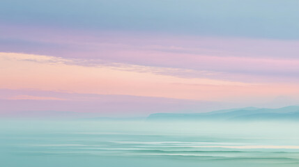 Naklejka premium Dreamy Pastel Landscape with Misty Mountains and Serene Horizon