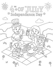 Adorable vector scene of a family enjoying a 4th of July picnic with food, drinks, and American flags. Great for holiday-themed coloring activities.