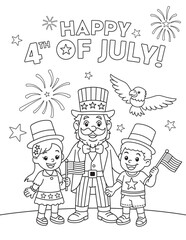 Cute vector coloring page of kids and Uncle Sam celebrating 4th of July with fireworks and flags. Perfect for Independence Day activities and classroom use.