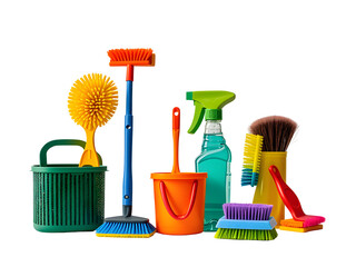 Colorful Cleaning Supplies Collection Including Brushes Buckets Spray Bottle and More Isolated on a transparent background