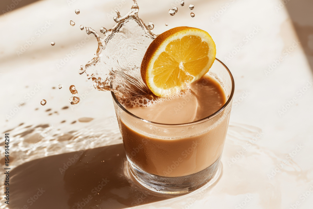 Poster coffee drink with orange slice. a refreshing drink of coffee with a slice of orange, showcasing a dy