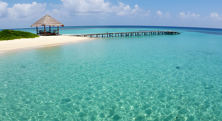 Turquoise ocean with small island and pristine beach viewed from above under clear blue sky