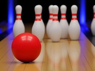 Naklejka premium bowling, ball, pin, strike, sport, isolated, game, 3d, competition, leisure, ten, bowl, pins, sports, skittle, white, fun, alley, red, object, skittles, games, illustration, concept, activity
