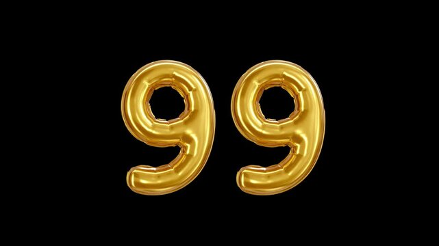 Number 99 golden inflatable foil balloons. Bright party decoration. Ninety nine years on black background