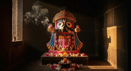 Lord Jagannath idol placed inside a small traditional stone shrine with soft sunlight