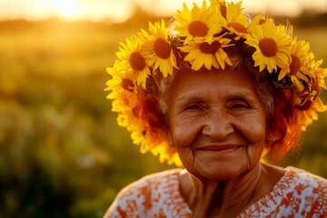 Golden hour in sunset. Happy holiday season concept graphic art. Happy attractive black old woman with red hair wearing yellow flower crown on her head. Happy soul in the sunshine.