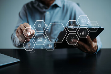 man hands using smartphone with futuristic digital interface. Tech, AI, cloud, business innovation, and smart UI concepts