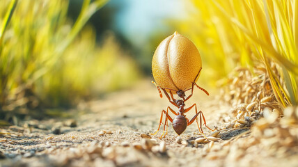 Busy ant lifting large golden wheat seed on sunny trail,