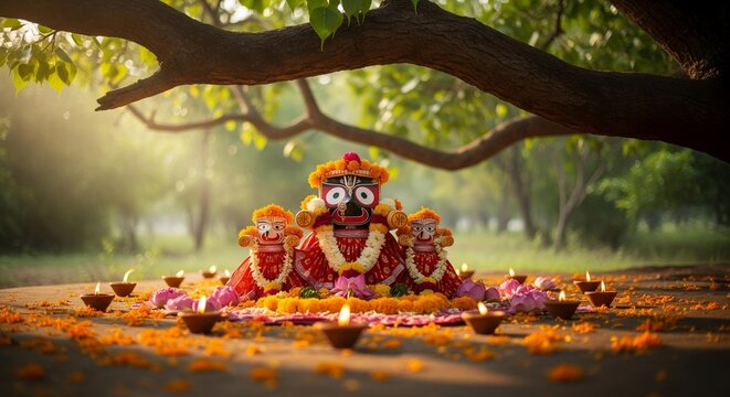 Lord Jagannath idol placed under a peepal tree with clay lamps and flower offerings