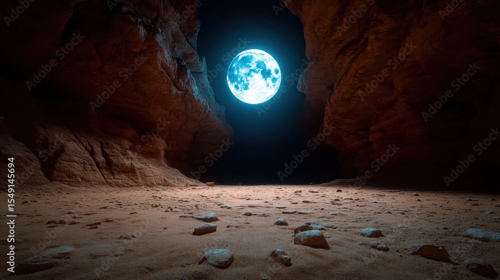 Poster the dramatic scene depicts a large moon illuminating the interior of a cave, creating a mystical atm