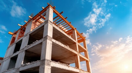 A modern building's structure is showcased against a vibrant blue sky, highlighting the innovative architecture and the future of construction and urban development.