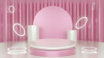 3d white platforms on pink background. Empty space to showcase your beauty product. Three dimensional illustration.