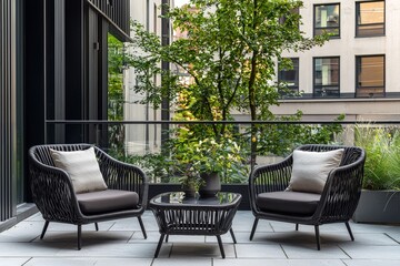 Obraz premium Black rattan two-seater garden furniture set with armchairs and coffee table, black metal frame, natural light, urban background, high-resolution realistic view.