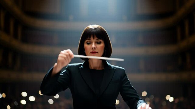 Focused female orchestra conductor with a baton, leading a symphony in a grand concert hall, showcasing musical artistry and a powerful performance.