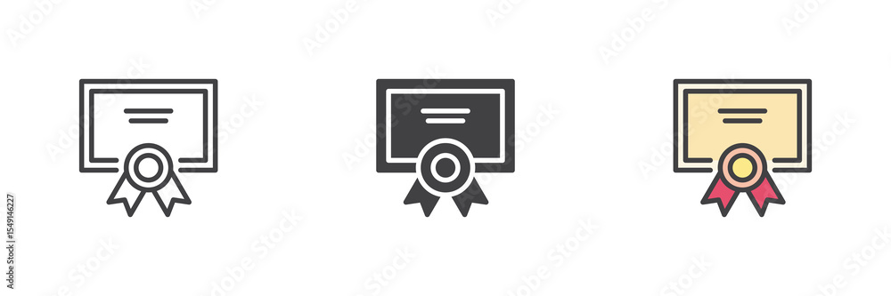 Poster diploma certificate icon set in line, solid and filled outline style