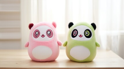 Fototapeta premium Cute pink and green panda shaped plush toys on wooden table with soft light indoor background for kids room decoration