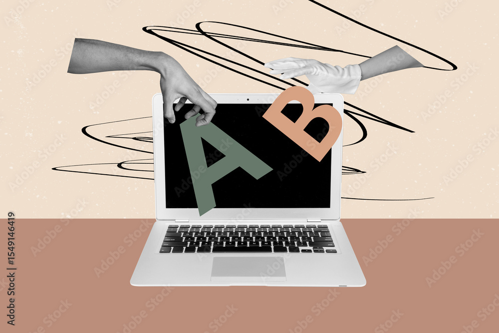 Poster creative full artwork collage of hands show laptop open screen device hold letters programming softw