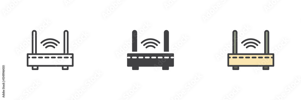 Poster Wi-Fi router icon set in line, solid and filled outline style