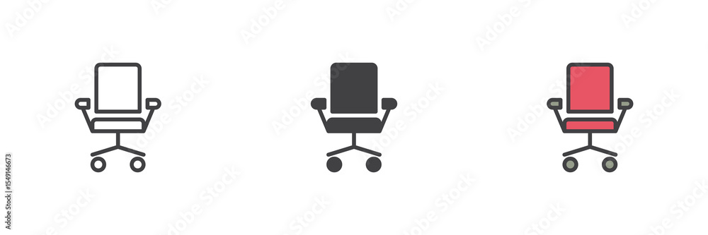 Poster office chair icon set in line, solid and filled outline style