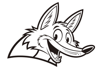 Cartoonstyle fox head with a large smile rendered in a bold black and white line drawing