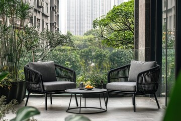 Black rattan two-seater garden furniture set with armchairs and coffee table, black metal frame, natural light, urban background, high-resolution realistic view.