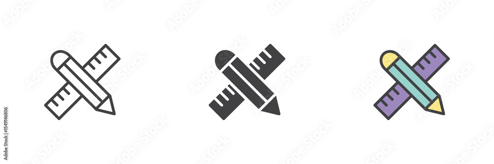 Poster Pencil and ruler cross icon set in line, solid and filled outline style