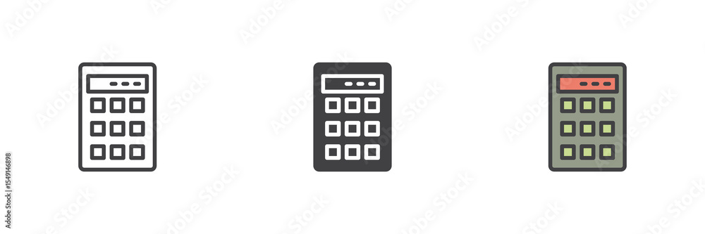 Poster calculator icon set in line, solid and filled outline style