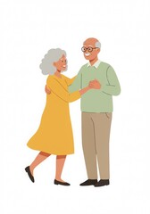 Cheerful elderly couple dancing happily in bright outfit at home  