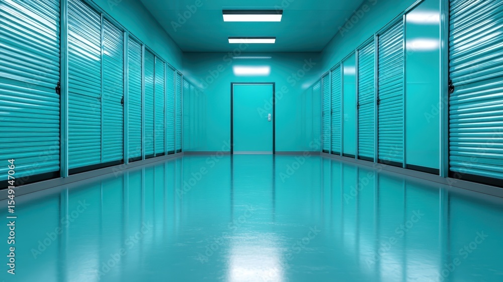 Poster a modern corridor of vibrant blue storage units creates a sleek and spacious environment, illustrati