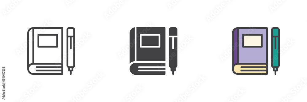 Aufkleber Notebook and pen icon set in line, solid and filled outline style