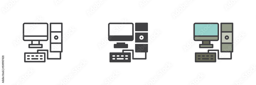 Poster Computer setup icon set in line, solid and filled outline style