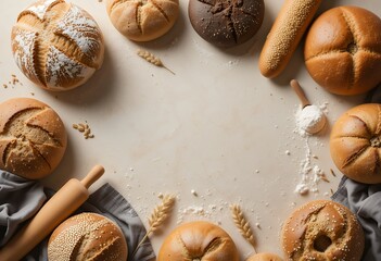 Assorted freshly baked bread rolls and baguette with baking tools on rustic surface
