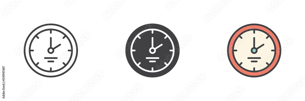 Poster wall clock icon set in line, solid and filled outline style