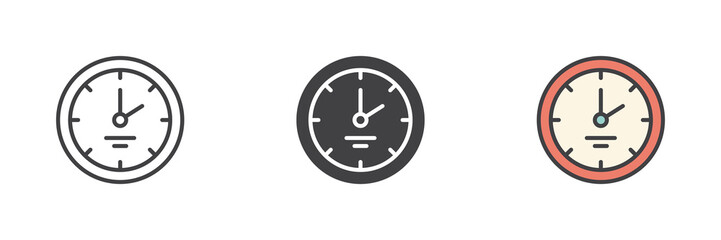 Wall clock icon set in line, solid and filled outline style