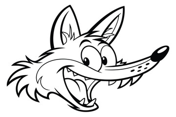 Cartoon coyote head smiles broadly, featuring large eyes and exaggerated snout details in black and white