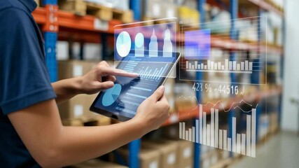 Warehouse Worker Analyzing Data on Tablet with Graphic Overlay - Powered by Adobe