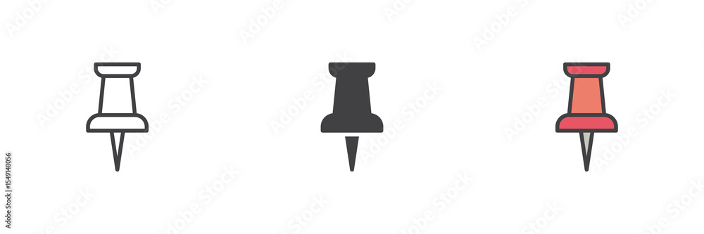 Aufkleber push pin icon set in line, solid and filled outline style