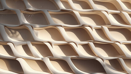 Abstract architectural design featuring a repeating pattern of curved white and beige cellular structures.