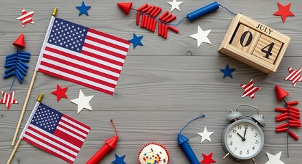 Fototapeta premium Fourth of july celebration elements including american flags fireworks and a calendar on a wooden background