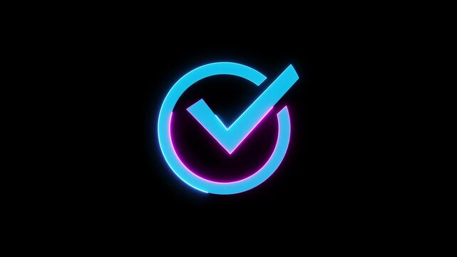 Tick mark icon neon sign. check mark icon animation on black background.