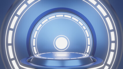 3D animated blue podium stage sales social media post template, suitable for travel agencies or product digital technology promotions