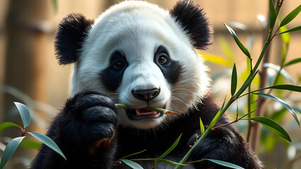 Obraz premium Portrait of giant panda eating bamboo, zoo background 