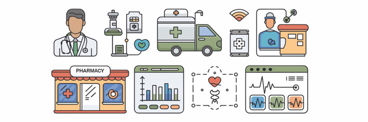 Vector illustration of digital health service icons – Ideal for telehealth platforms, pharmacy delivery systems, or health dashboards